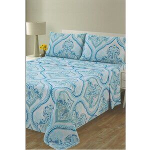 4 Piece Printed Bed Sheets Set Soft Blue Geometric Pattern Hotel Quality Luxury